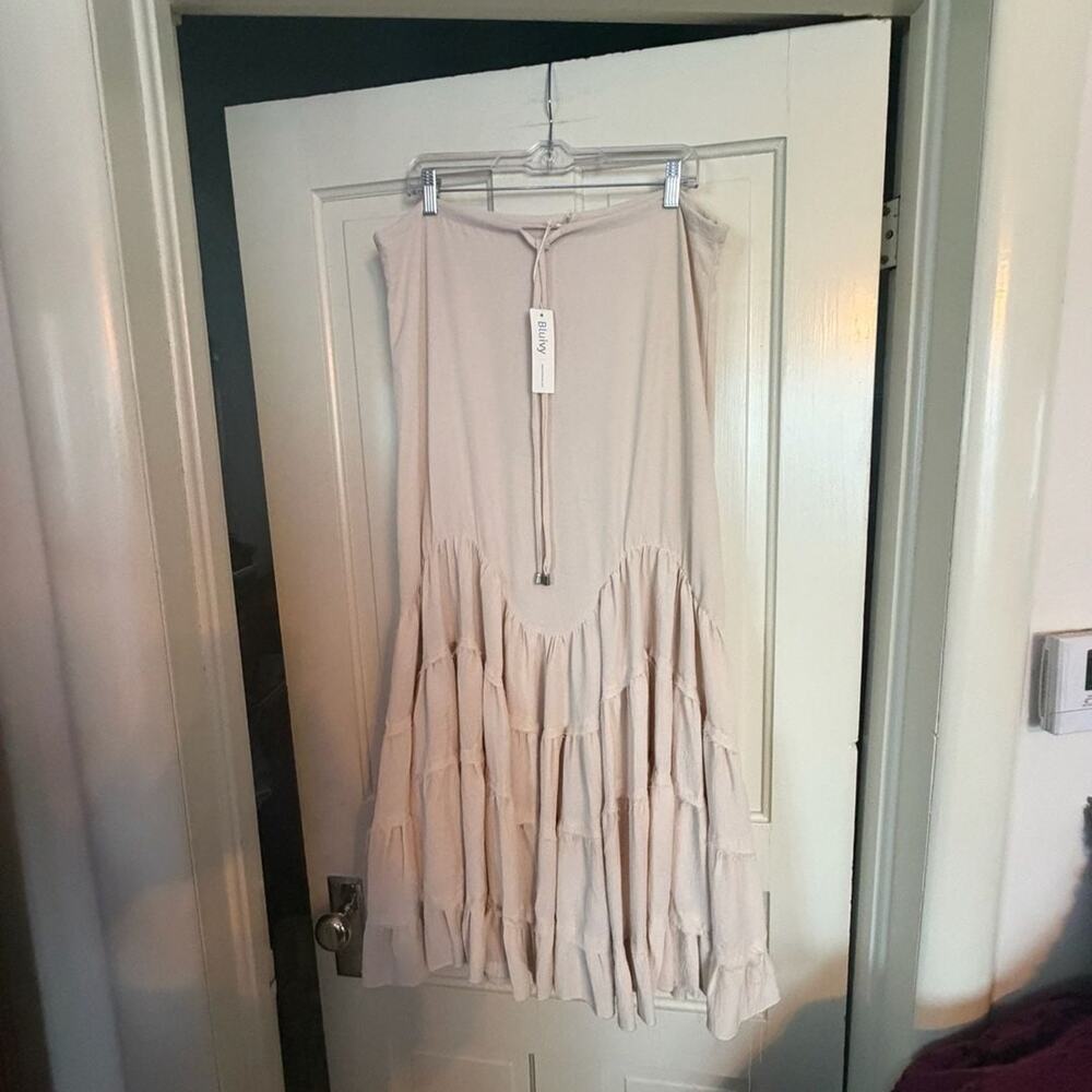 Bluivy Beige Tiered Ruffle Maxi Skirt with Drawstring Waist